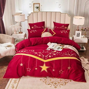 

New 60S Satin Egyptian Cotton Soft Wine Red Bedding Set Gold Star Embroidery Duvet Cover Bed Linen Bed Sheet Pillowcases 4/6pcs
