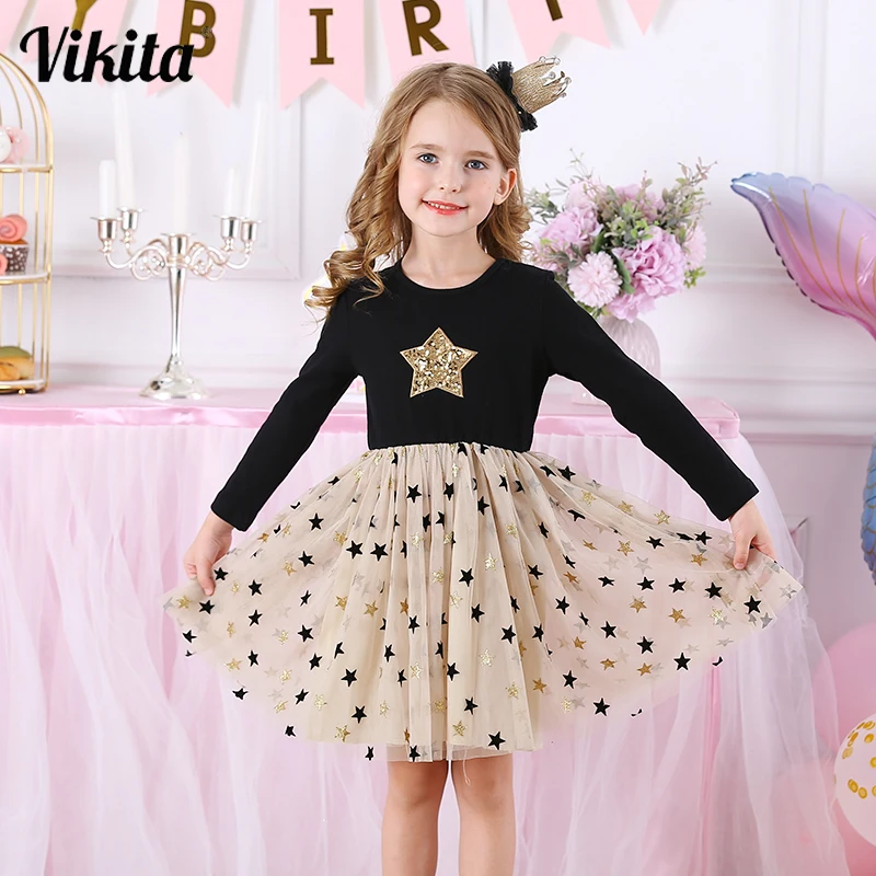 Kids Autumn Winter Dresses for Girls Star Sequins Princess Dress Girls Long Sleeve Party