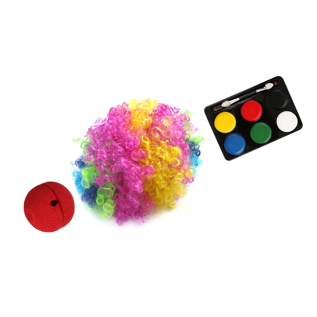 Clown Joker Jester Costume Set Colorful Wig + Red Nose + Face Makeup Paints