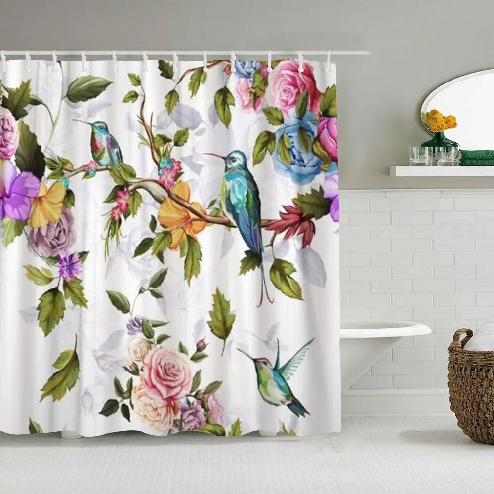 

Shower Curtain Flower Roses Peony Leaves Watercolor Floral Vintage Hummingbird Waterproof Bath Liners Hooks Included -Bathroom