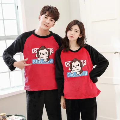 

Autumn And Winter Couples Pajamas Long Sleeve Flannel Black Red Monkey Thick Coral Velvet Set