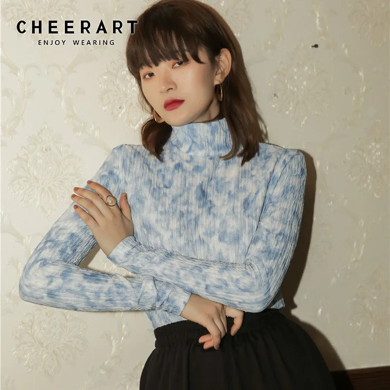 CHEERART футболка Tie Dye Женская флисовая топ с высоким воротом и длинным рукавом Повседневный синий мнущийся женский топ нижнее белье одежда