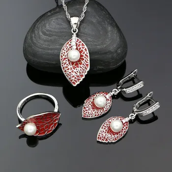 

Red Enamel Leaf Pearl 925 Sterling Silver Bride's Jewelry Set Earrings Pendant Ring Chain Anniversary Gift