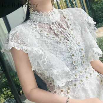 

White lace vintage mini dress woman stand neck short sleeve hollow out elegant party short dress New spring summer sexy vestido