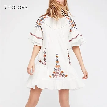 

High Quality Embroidery Dress 2020 New Half Flare Sleeve Floral Embroidery White Dress High Quality Indie Folk Loose Dress Retro