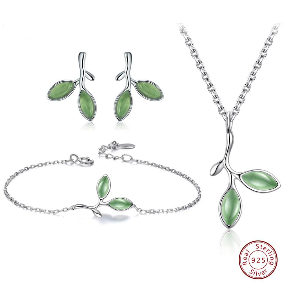 Earring BraceletNeck Effie queen 925 пробы Серебряные Ювелирные наборы для женщин форма зеленого листа кошачий глаз камень ожерелье/серьги/Кольцо/браслет TSS21 - Цвет камня: Earring BraceletNeck