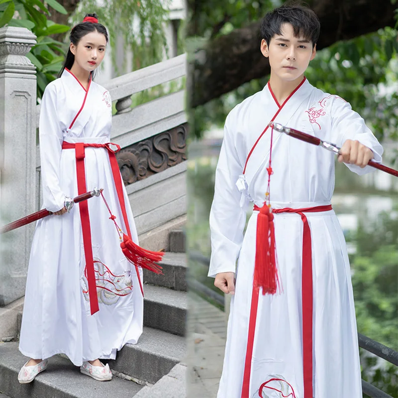 Белый Hanfu для женщин и мужчин Вышивка танцевальные костюмы фестивальный рейв наряд певцов представление одежда народная фея платье 2 шт. DC3183
