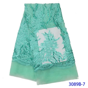 

2019 New Stock Green 5yards/Lot Hand Made Beads Sequin Embroidery Tulle Mesh Lace Fabric For Wedding Bridal Dress /Part QF3089B