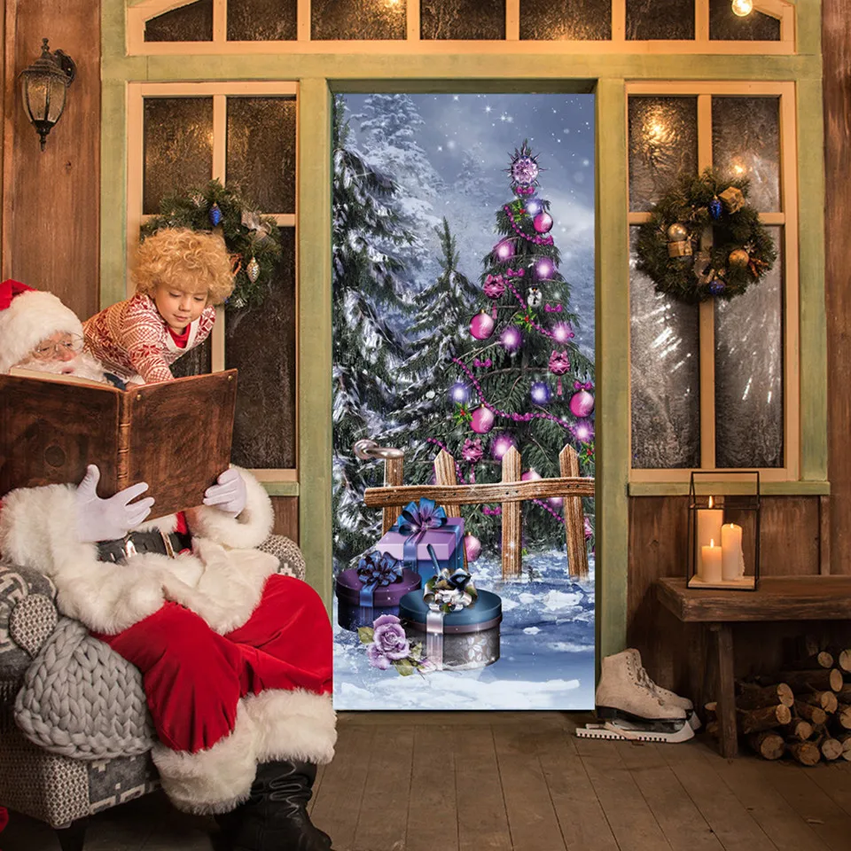 Наклейка на дверь Рождественская елка обои ПВХ самоклеющиеся водонепроницаемый плакат съемные настенные художественные наклейки домашний декор deurposter - Цвет: MT162