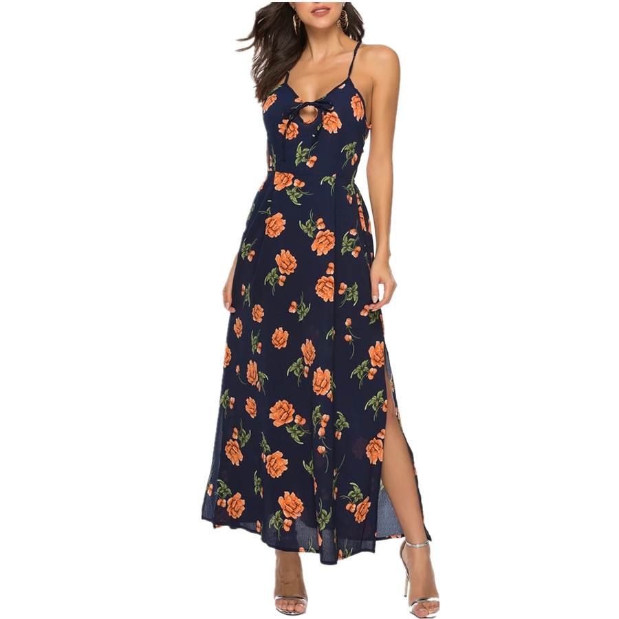 

Женское летнее длинное платье с V-образным вырезом и открытой спиной