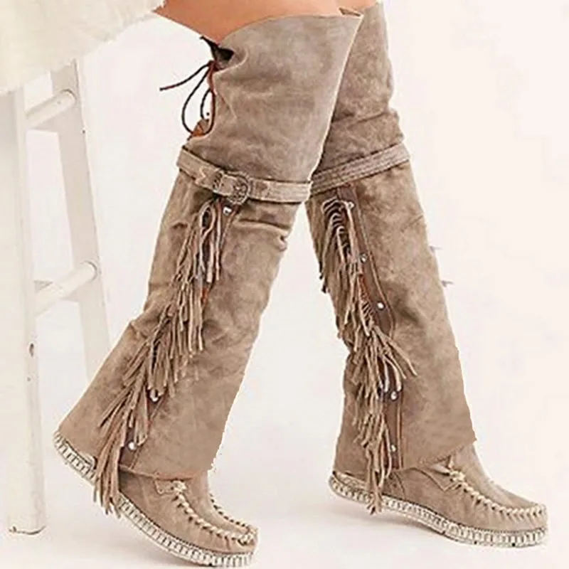 gray ADISPUTENT Retro Women Boots Classic Tassel Cowboy Boots Autumn Women High Heels Boots Platform Sexy Ladies Black Pumps Boot - Цвет: gray