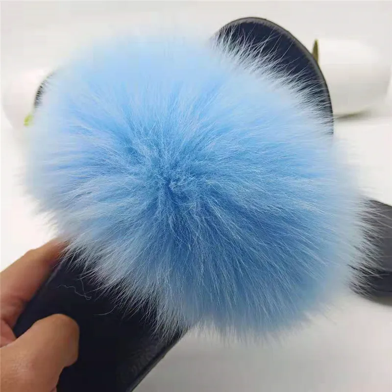 Light Blue Fur Slippers Women Fox Home Fluffy Sliders Comfort With Feathers Furry Summer Flats Sweet Ladies Shoes Size 45 Home Real fox fur - Цвет: Light Blue
