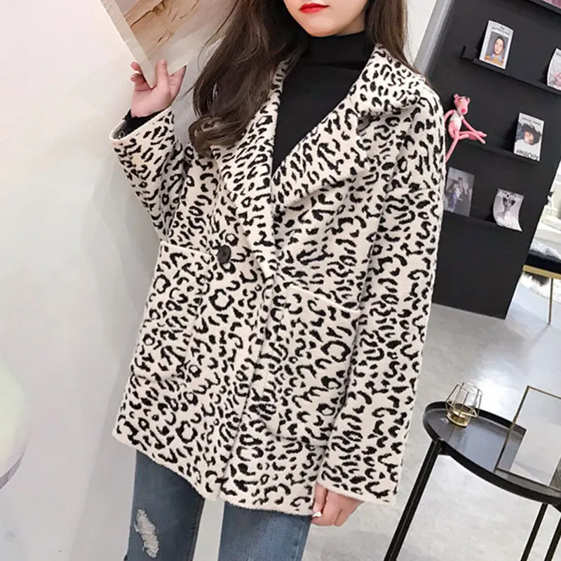 DISIAMAN plus size leopard coat faux fur jacket winter clothes women double-breasted knit chunky ladies sweaters long cardigan