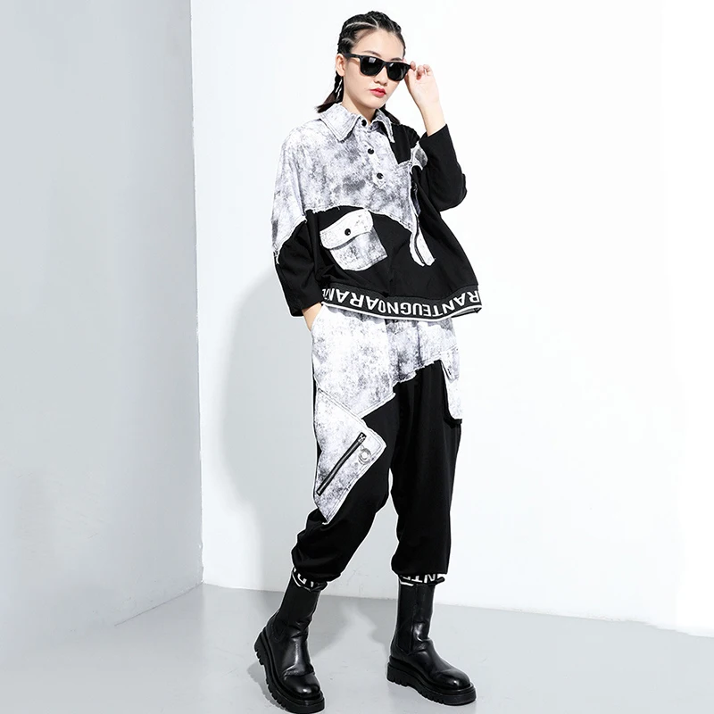 [EAM] High Elastic Waist Black Denim Split Harem Trousers New Loose Fit Pants Women Fashion Tide Spring Autumn 2020 1DA131