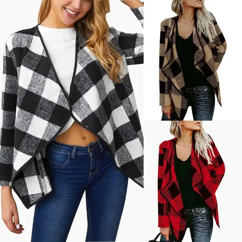 Plaid Irregular Cardigan Tops Lapel Woolen Coats Autumn Women Loose Outwear Plaid Hit Color Shawl Jackets Dropshipping