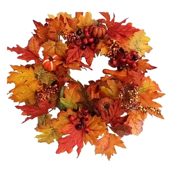 

17inch For Front Door Fall Wreath Gift Christmas Decor Handcrafted Garlands Holiday Artificial Maple Leaves Harvest Wall Hanging