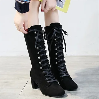 

2020 Winter Women's Boots Fashion Lace-up Square Heel Mid-tube Suede Boots Round Toe High Heel Mid-calf Boots Zapatos De Mujer