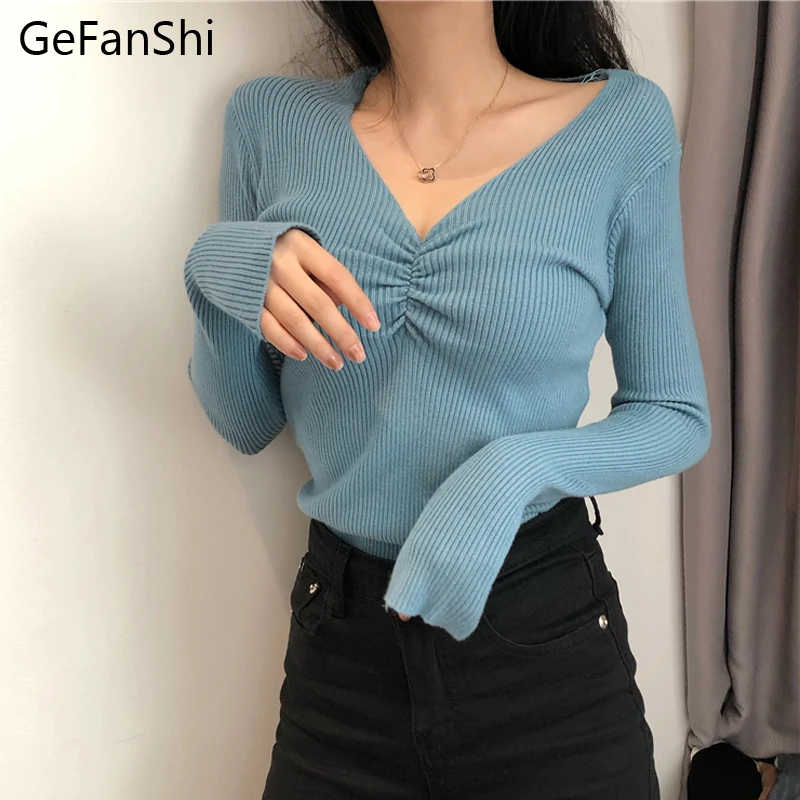 

New Autumn Winter Fashion Sweaters BottonTop V-neck Slim Sexy Pullovers Korean Knitted Ladies Sweater Womens Solid Long Sleeve