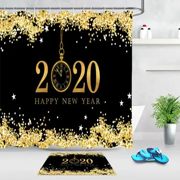 

Happy New Year Shower Curtains Gold Pattern Black Printing Bathroom Shower Curtains Waterproof Polyester Fabric Bath Curtain