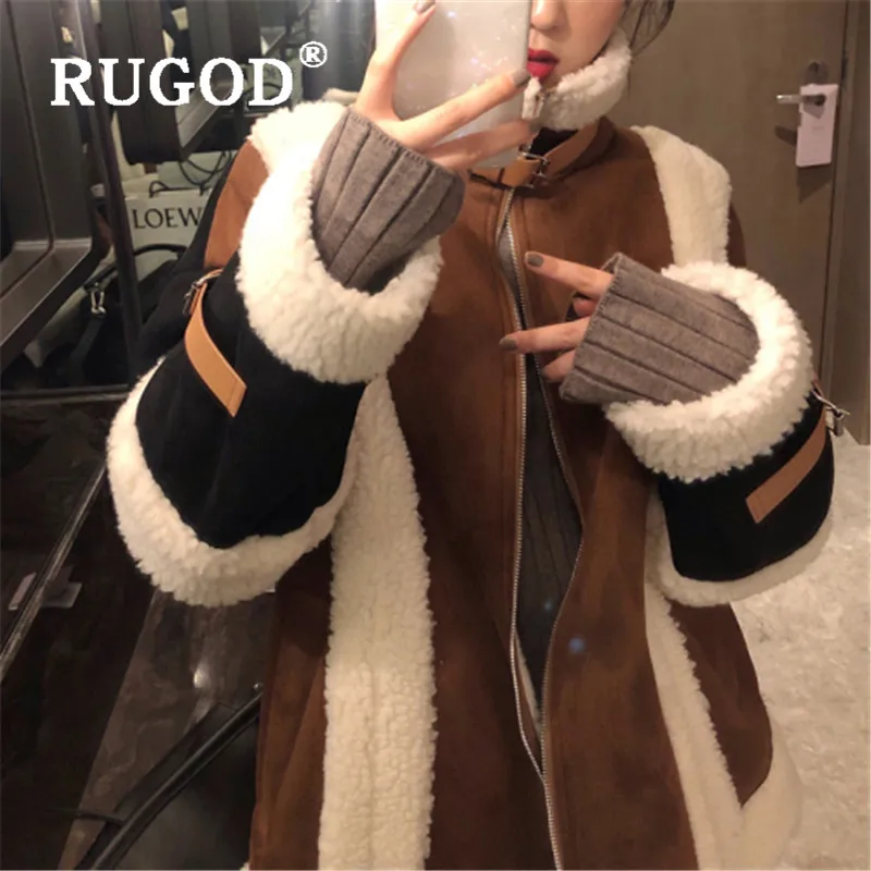 RUGOD, новинка, зимнее поступление, Женское пальто, воротник-стойка, пэтчворк, на молнии, свободное, Женская куртка, модное, женское, теплое пальто в стиле панк