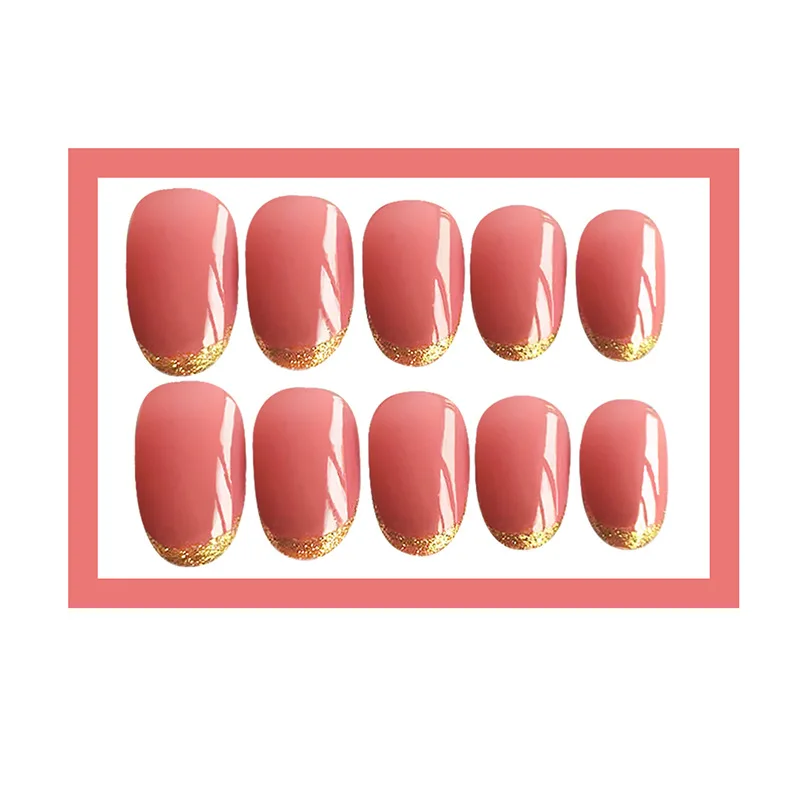 Nusx 24pcs False Nail Glitter Sequins Pink Waterproof Artificial Short Round Full Cover Artificial Fake Nails 4
