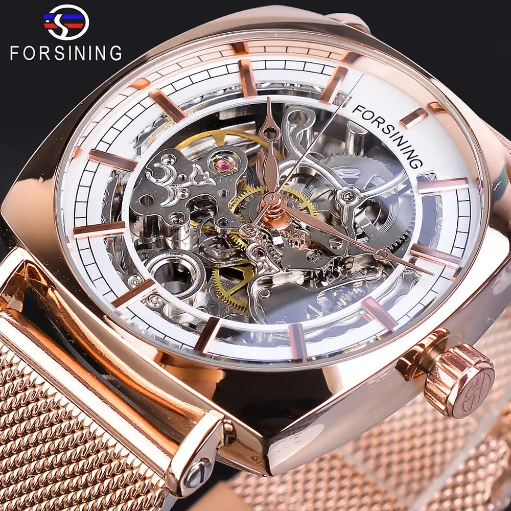 Forsining Top Brand Luxury Man Clock Fashion Mens Watch Casual Waterproof Rose Gold Mesh Skeleton Mechanical Wristwatches