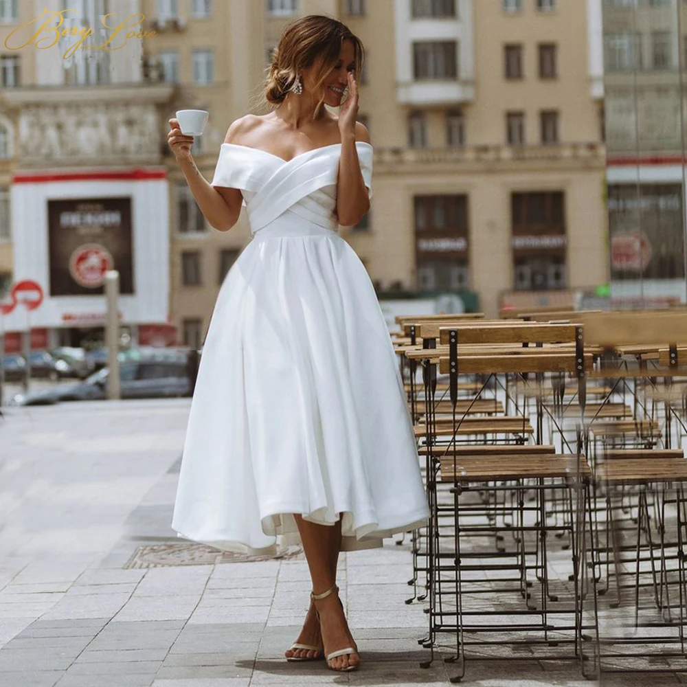 

Simple Tea Length Wedding Dress Off the shoulder White Ivory Satin A-line Short Bride Gown Beach Back Lacing Wedding Gown Marry
