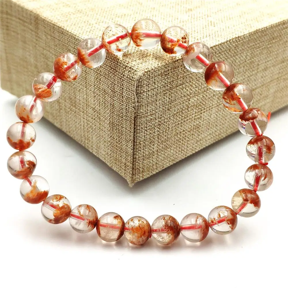 

Genuine Natural Orange White Sericite Snow Red Phantom Bracelet Crystal Clear Round Bead Stretch 7.5mm Best Jewelry AAAAA