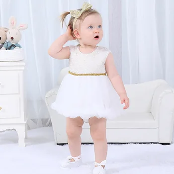 

Newborn baby baptism gown golden belt princess dress lace print baby dress birthday party dress