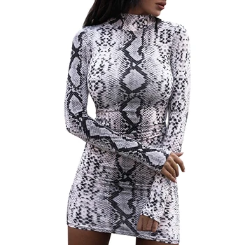 

2020 Sexy High Neck Long Sleeve Bottoming Snake Print Skinny Dress New