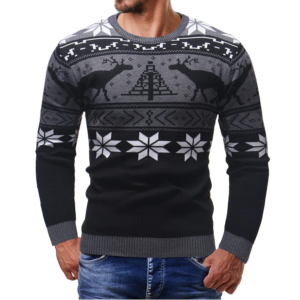 

Men 2019 Autumn Winter Pullover Knitted Top Printed Elk snowflake Christmas Sweater Outwear Blouse