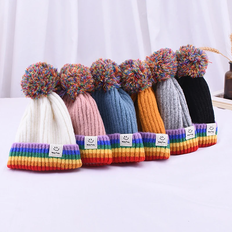 Rainbow Color Baby Hats With Pom Poms Knitted Wool Turban Beanie Warm Caps Soft Hat For Childern Girls Boys Bonnet Autumn Winter
