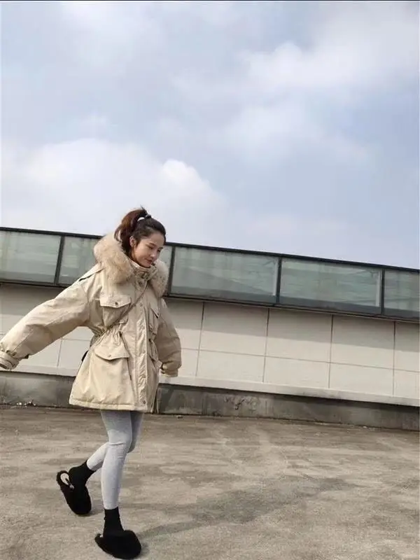 Короткий пуховик женское платье Южная Корея Dongdaemun с капюшоном большой меховой воротник свободный крой шнурок толстое теплое пальто зима