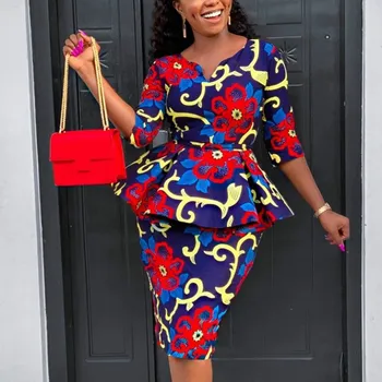 

Women Print Dress O Neck Bodycon Floral with Demountable Waist Belt Vintage Office Ladies Work Wear Elegant Modest Female Arican