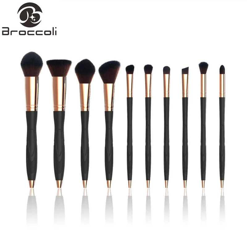 

Broccoli 10pcs professional liquid foundation eye shadow makeup brush set matte plastic handle brown fiber hair cosmetic makeup