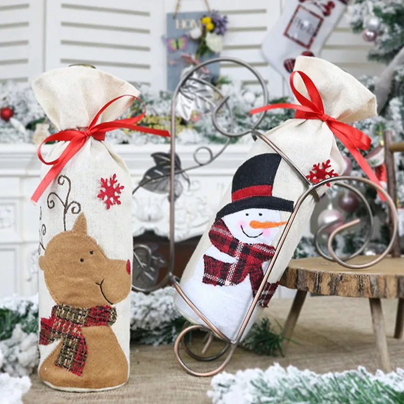 Новинка рождественские украшения для дома льняные бутылки вина набор Снеговик на Рождество Лось пакет для красного вина Рождество Счастливый год подарок