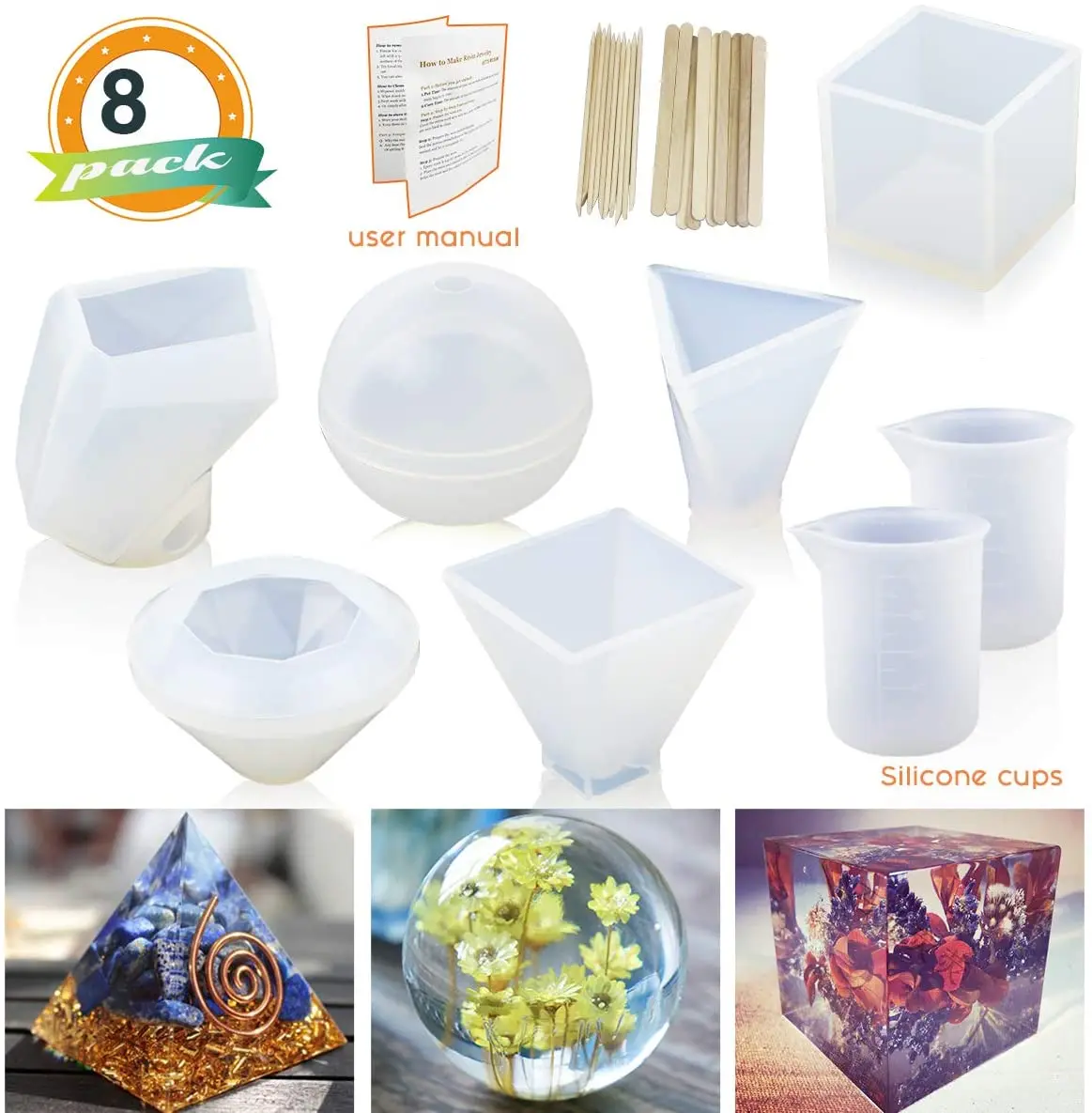 Cube Resin Casting Molds Set,8 Pcs Silicone Molds Epoxy Resin DIY Mold Tool Kit with Ball Pyramid Cone Shape Mould for DIY Craft Making