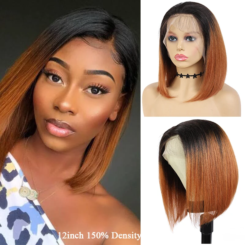 T1B-30-Ombre-Brown-Lace-Front-Human-Hair-Wigs-Brazilian-Remy-Straight-Short-Bob-Human-Hair