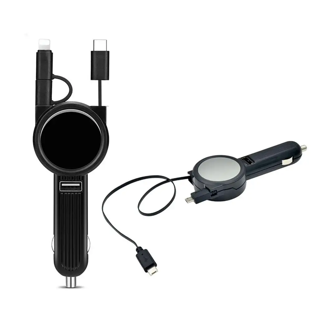 Carregador de carro com cabo telescópico para micro usb tipo c cabo retrátil duplo 5v/1.5a carregador de carro usb para samsung xiaomi