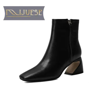 

MLJUESE 2021 women Ankle boots Cow leather Winter short plush Square Toe Zipper High heels female boots size 40