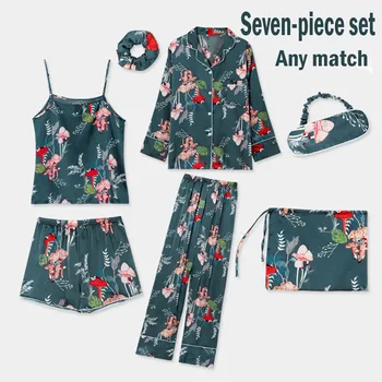 

Fashion Pyjamas Women пижама Sleepwear Seamless 7PC Silk Cute Cartoon Camisole Print Bow Shorts Pant Sleepwear Set Free Ship