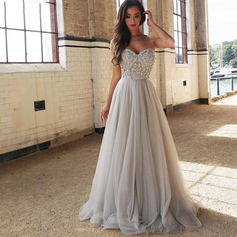 

Eightree Silver Long Prom Dresses Crystal Spaghetti Straps Evening Dress Sweetheart Beaded Formal Party Gown Vestido De Festa