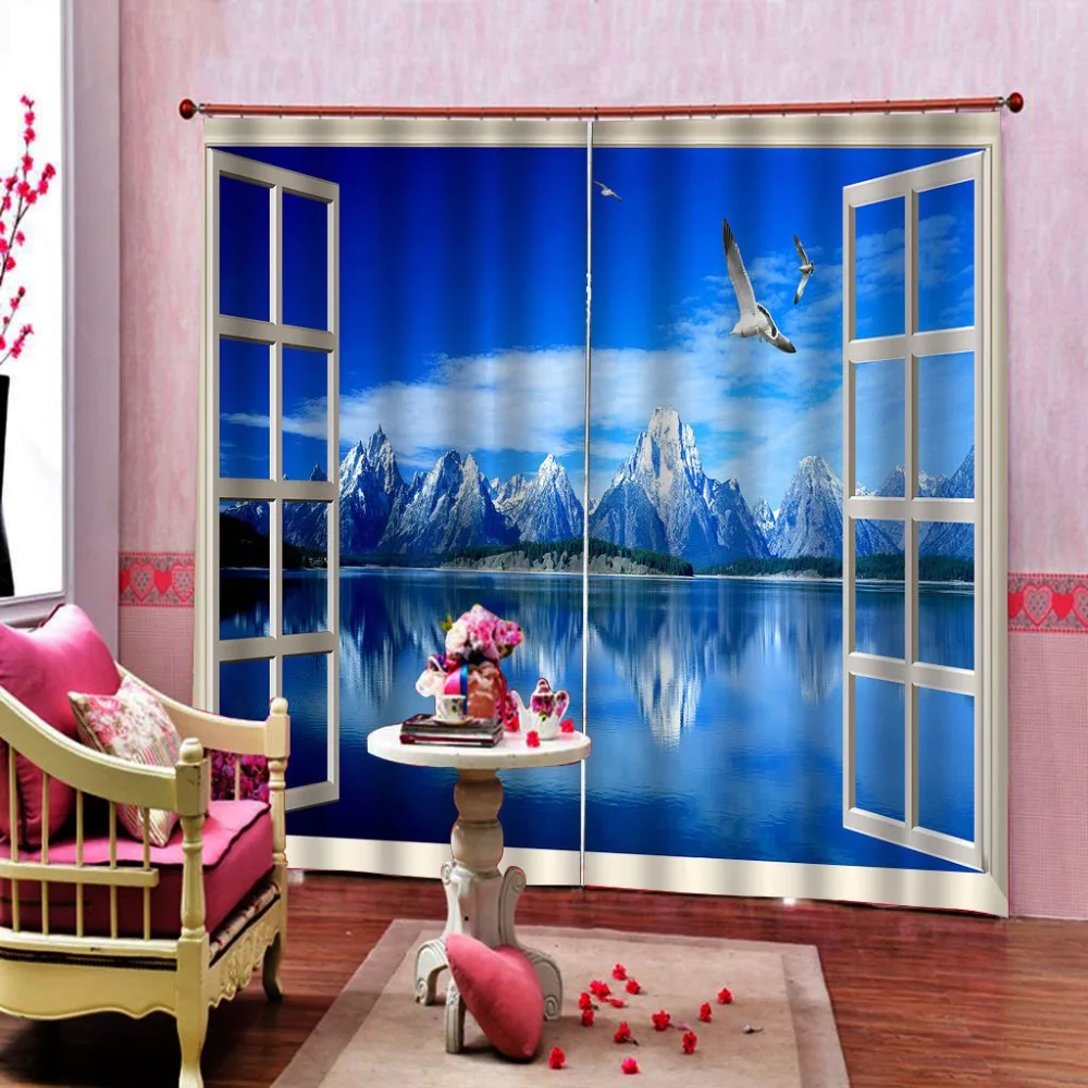 Blue curtains snow mountain lake curtain 3D Curtain Luxury Blackout Window Curtain Living Room