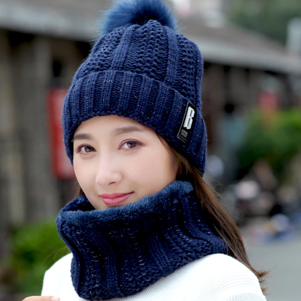 2 шт., женская зимняя уличная шапка+ шарф-кольцо, одноцветная меховая теплая вязаная шапка, вязаная крючком, помпон, набор из шапки и шарфа - Цвет: Navy Blue