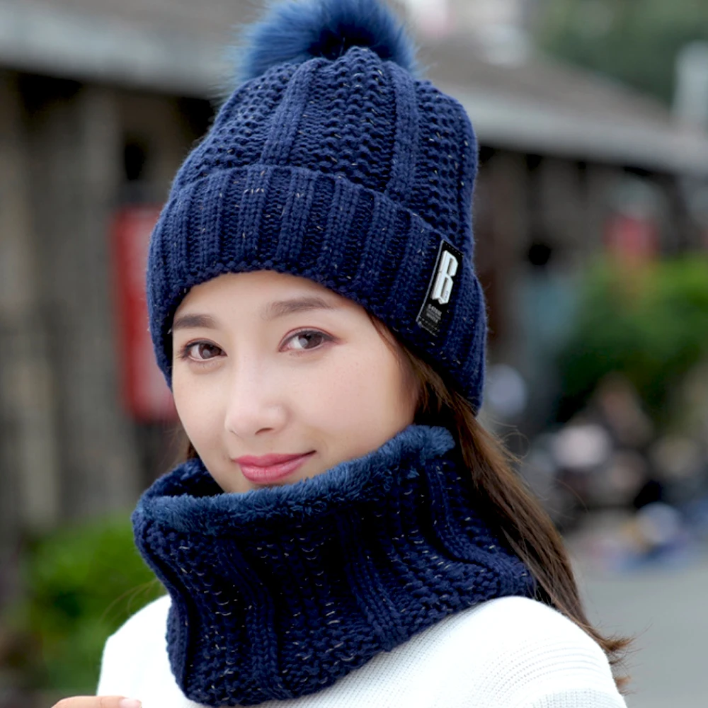 Navy Blue 2 шт., женская зимняя уличная шапка+ шарф-кольцо, одноцветная меховая теплая вязаная шапка, вязаная крючком, помпон, набор из шапки и шарфа - Цвет: Navy Blue