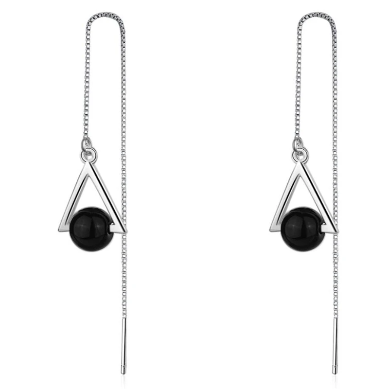 WYEAIIR Geometry Triangle Black Ball Long Tassel Ear Wire 925 Sterling Silver Female Dangle Earrings | Украшения и аксессуары