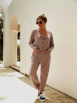 

Spring Women's Slim Casual Jumpsuit Female O-neck Pocket Buttons Romper Long Sleeve Loose Outfit Comfort Rompers