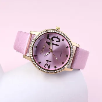 

Simple Watches Creative Leather Belt Round Glass Alloy Quartz Wrist Watch For Women Fashion Analog Inlaid Diamond Watch Relogio