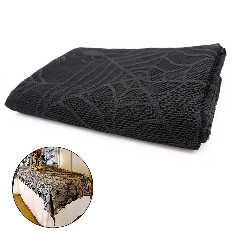  Black Lace Spider Web Halloween Table Cloth Spider Bat Pattern Table Cover Lace Tablecloth Hallowee