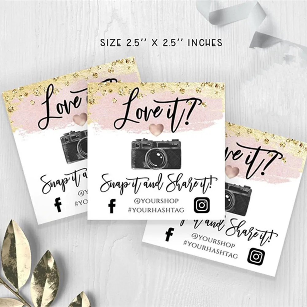 

Custom ROSE GOLD Glitter Snap and Share Cards , Small Business Package Inserts stickers , Personalize Social Media Cards